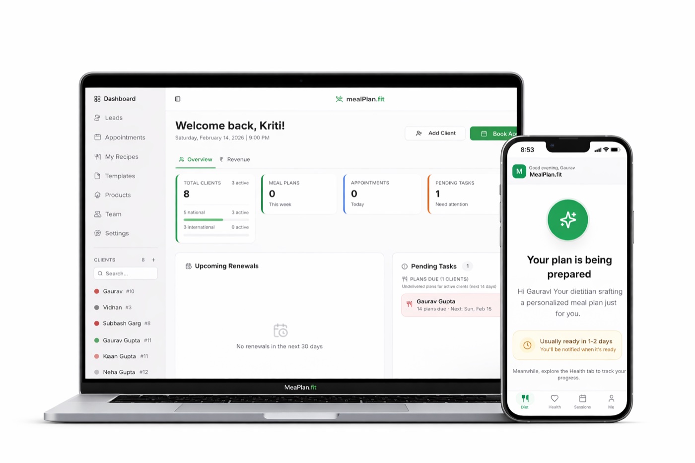 mealPlan.fit dietitian software dashboard showing meal planning, client management, and nutrition tracking