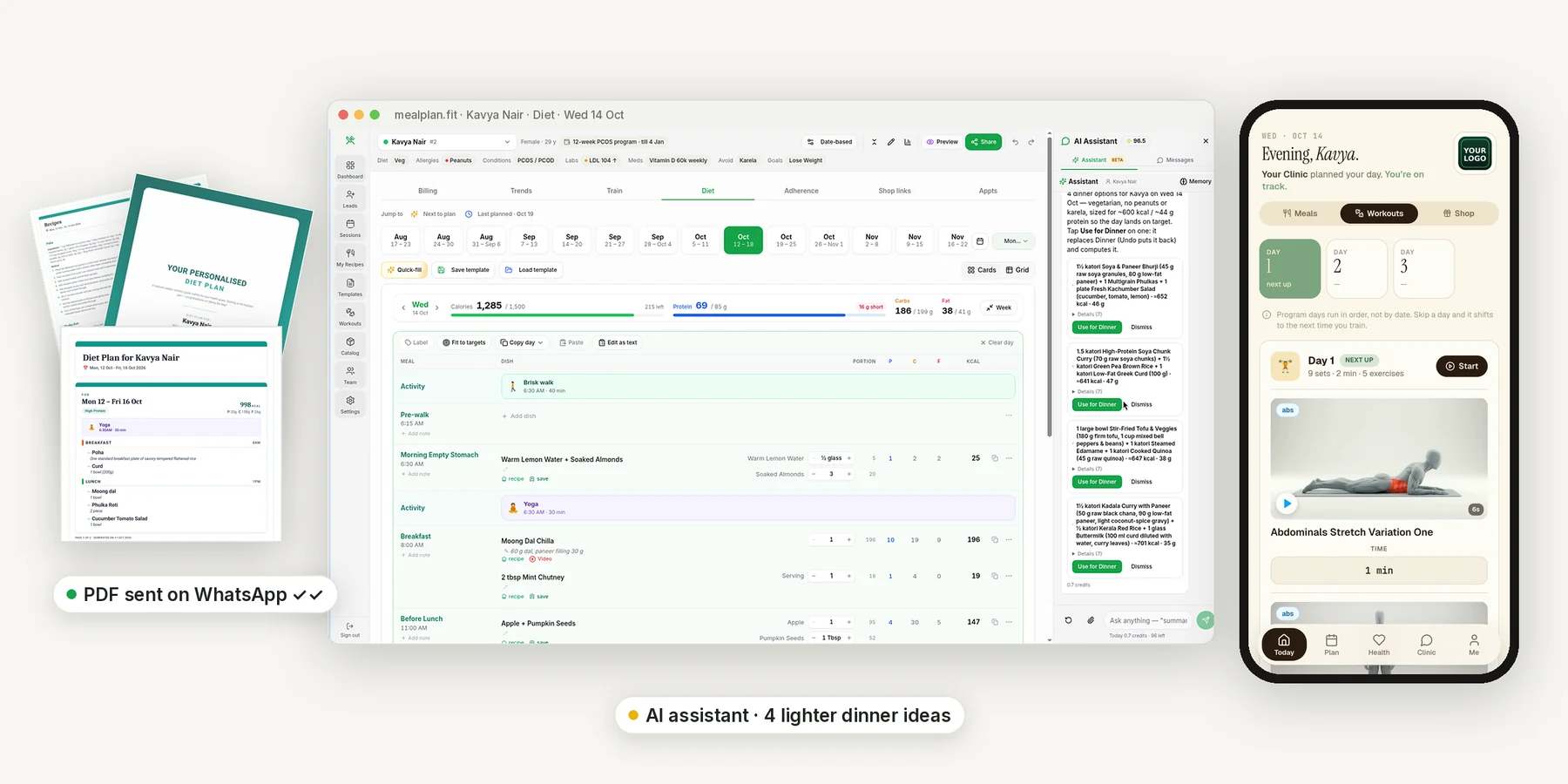 mealPlan.fit: a dietitian plans Kavya’s PCOS diet on the web app while the AI assistant suggests lighter dinners, the branded PDF is sent on WhatsApp, and Kavya follows her plan in the client app