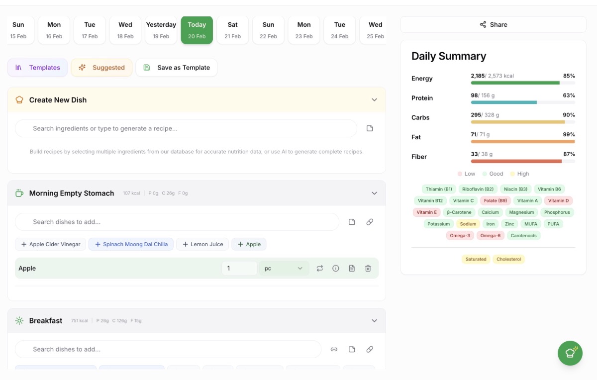 mealPlan.fit meal planning dashboard showing calorie-controlled Indian diet plan