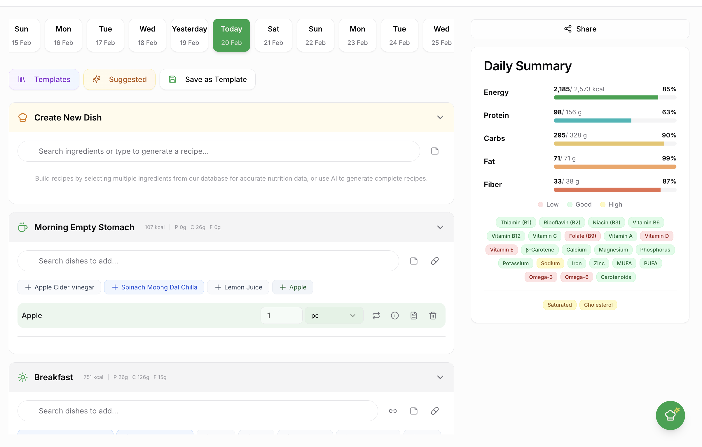 Meal planning dashboard showing diet plan builder with nutrition breakdown